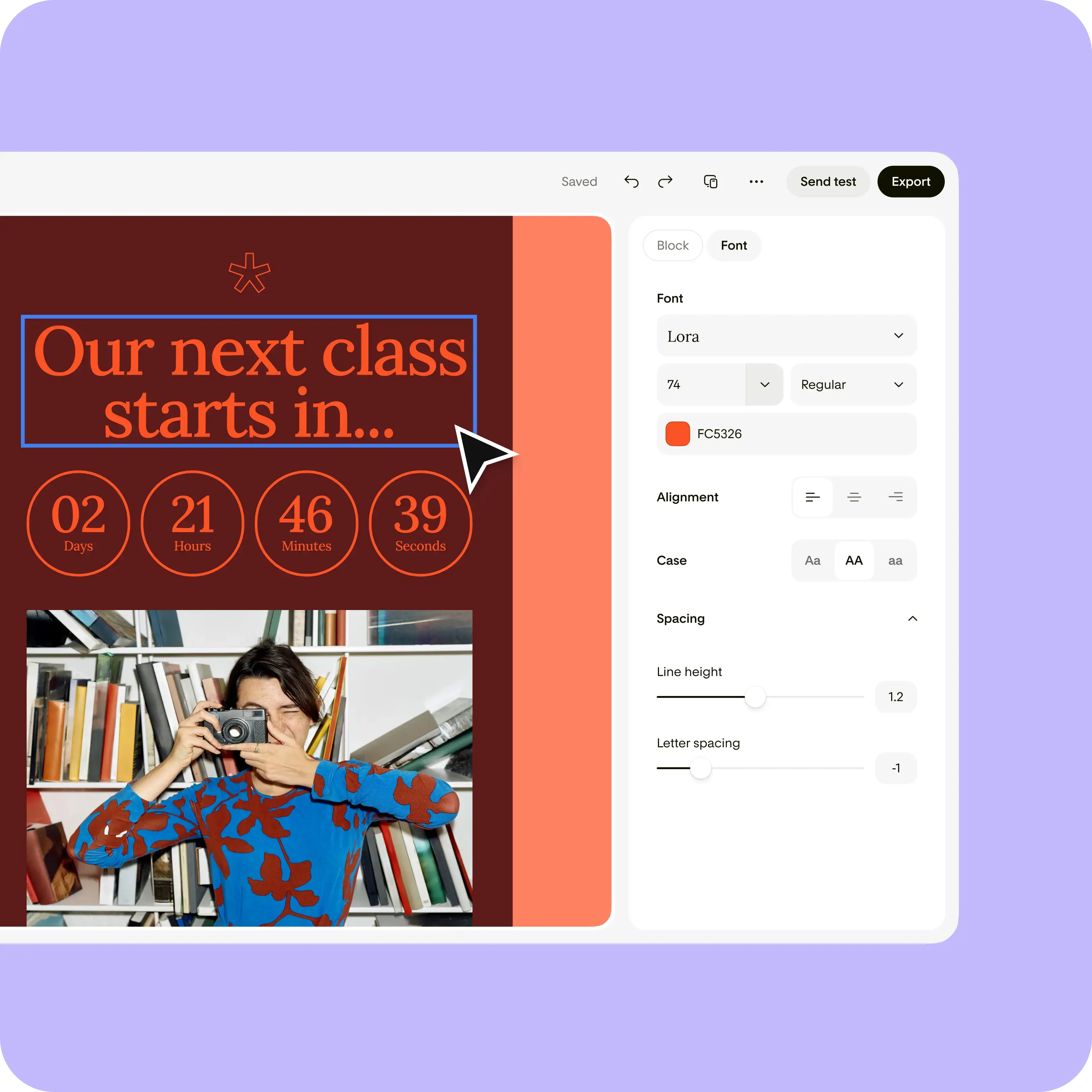 The Flodesk email editor, with a countdown timer email being styled in the font panel